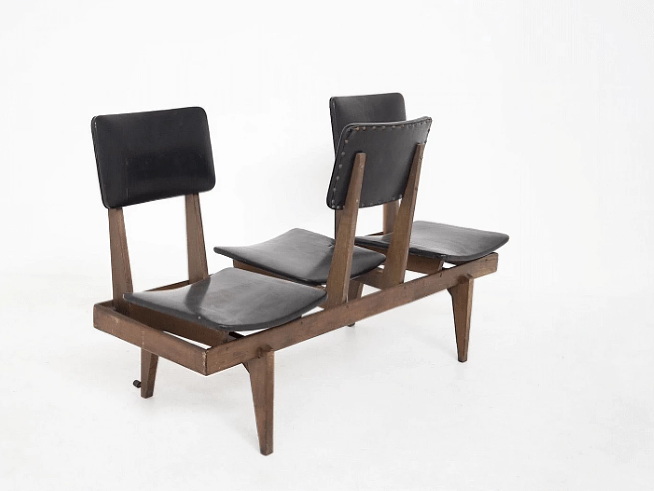 Multidirectional bench in wooden with leather seats, 1950s 4