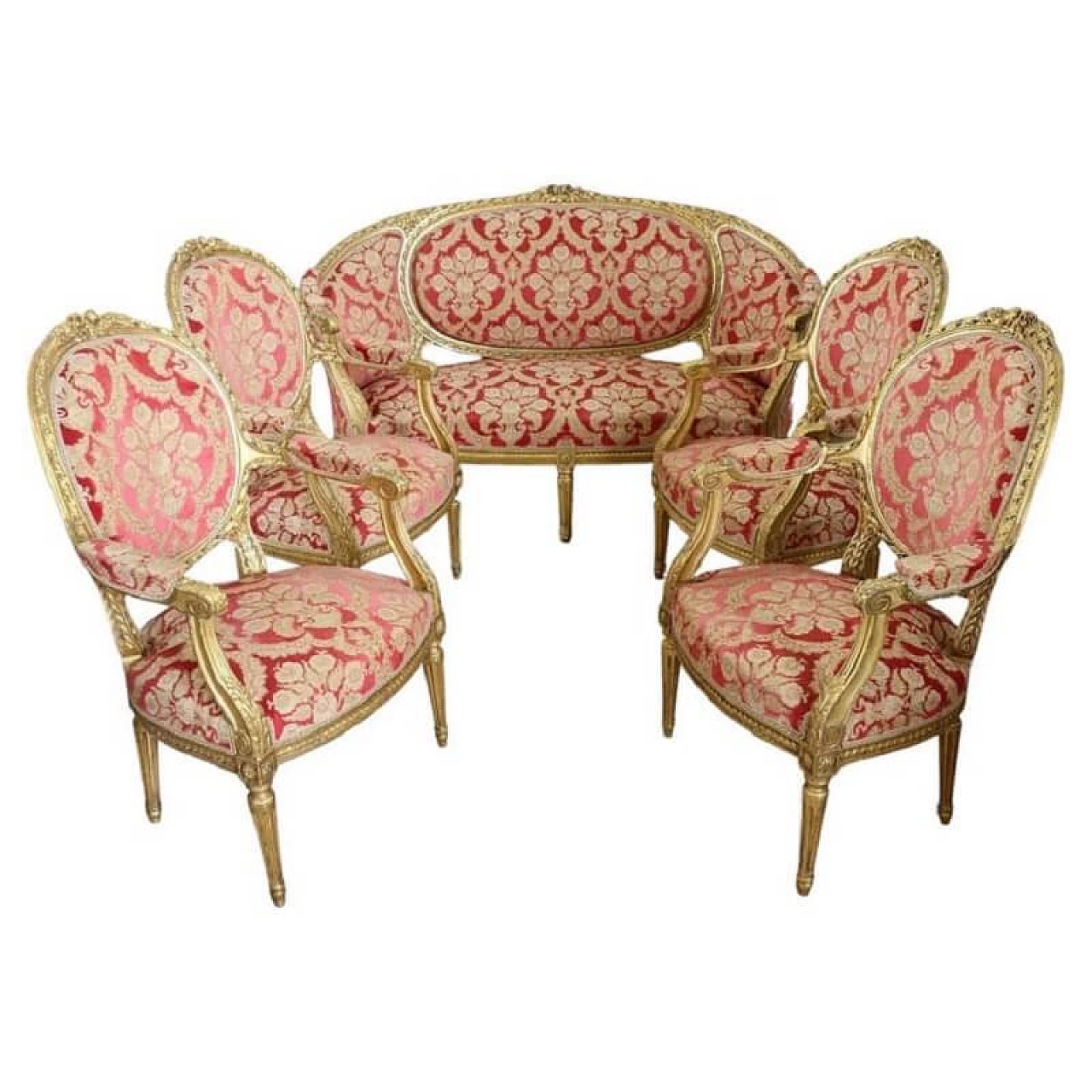 Un divano con 4 poltrone in legno e tessuto stile Luigi XVI, primo '900 1