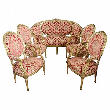 Un divano con 4 poltrone in legno e tessuto stile Luigi XVI, primo '900