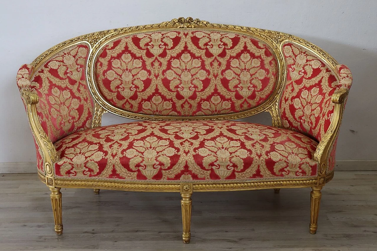 Un divano con 4 poltrone in legno e tessuto stile Luigi XVI, primo '900 2