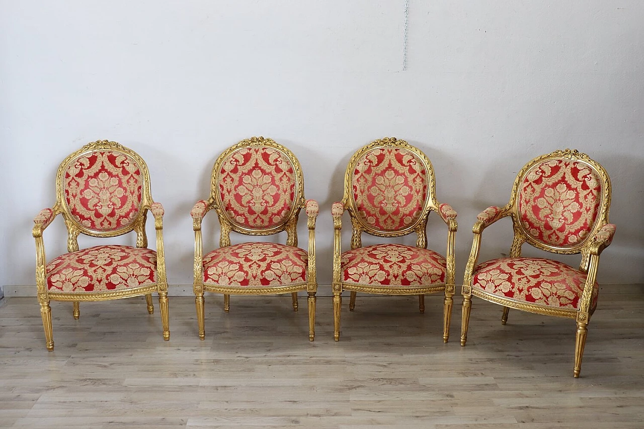 A sofa with 4 armchairs in wood and fabric Louis XVI style, early 20th century 8