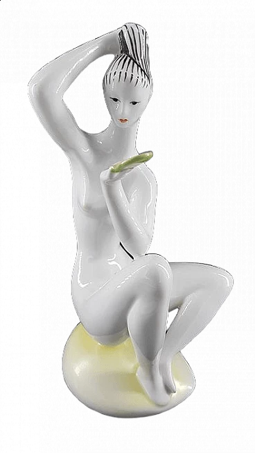 Virgin before the mirror, porcelain sculpture by János Török, 1950s