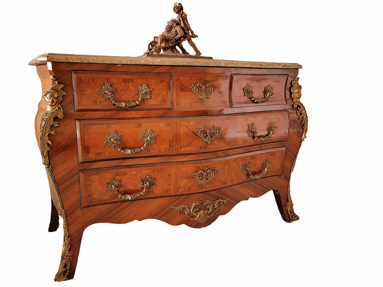 Cassettiera in stile Luigi XV con piano in marmo rosa, '900 4