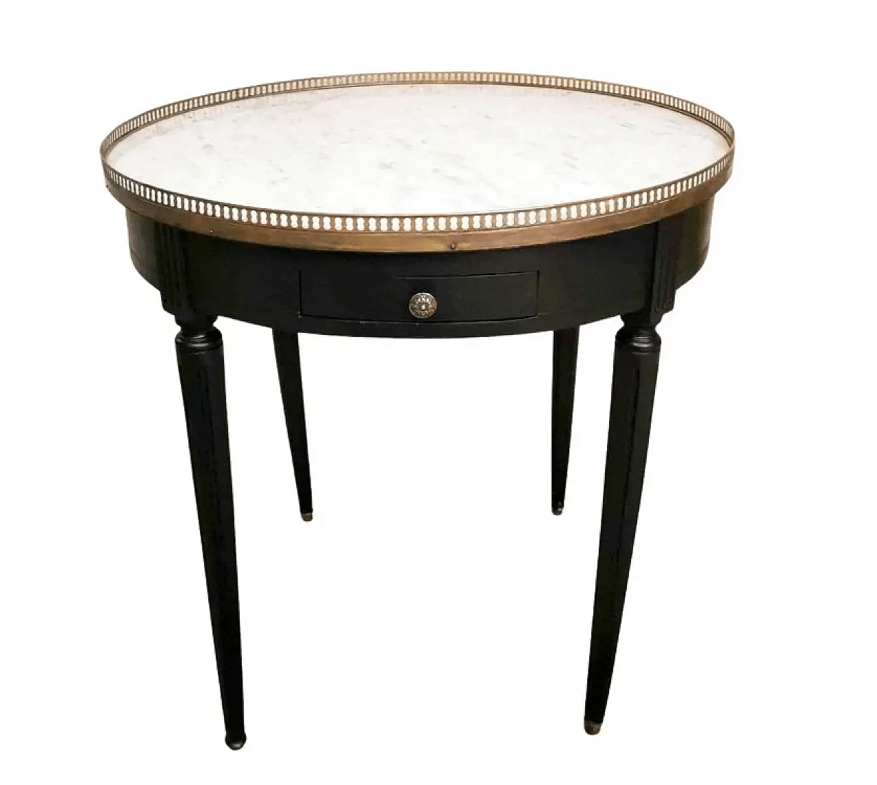 Louis XVI-style Bouillotte coffee table in black ebonized wood and Carrara marble, late 20th century 1