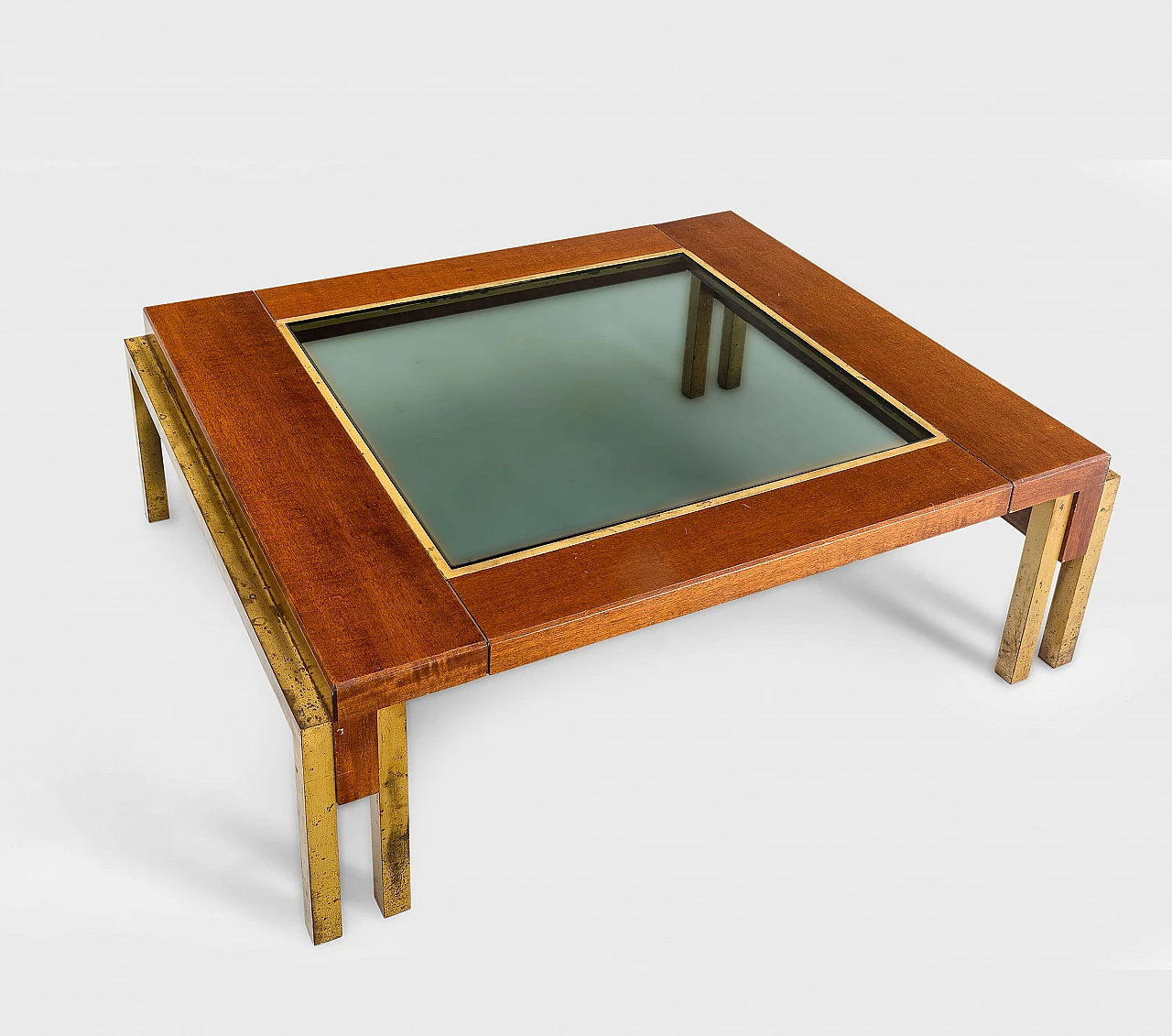 Low coffee table made of wood, brass and smoked glass, 1970s 1