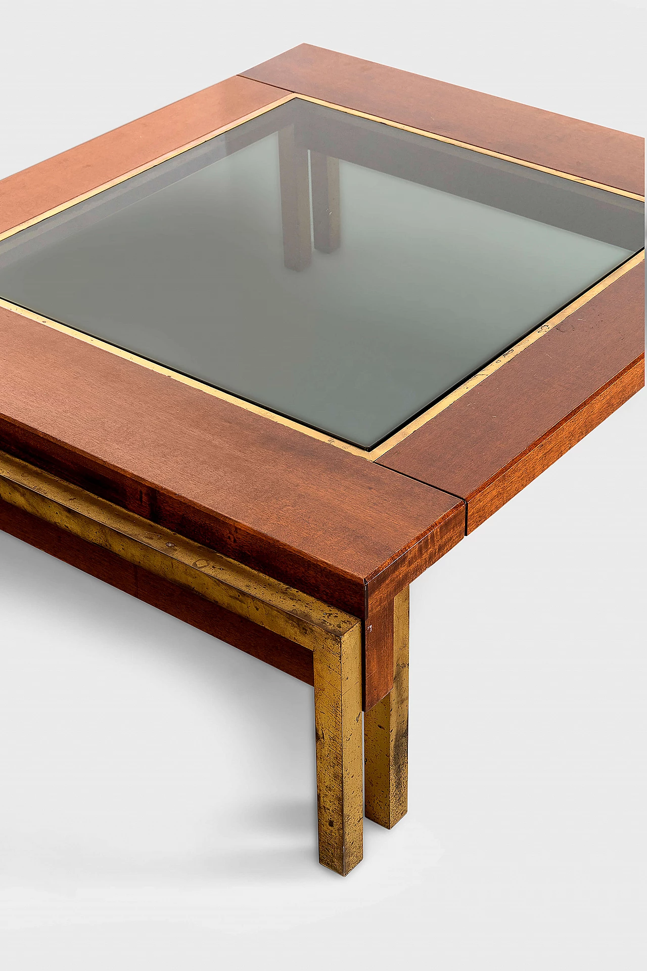 Low coffee table made of wood, brass and smoked glass, 1970s 2