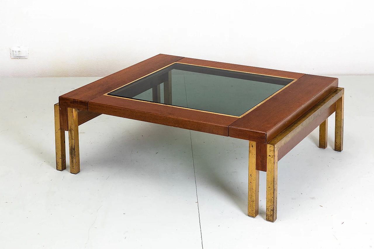 Low coffee table made of wood, brass and smoked glass, 1970s 3