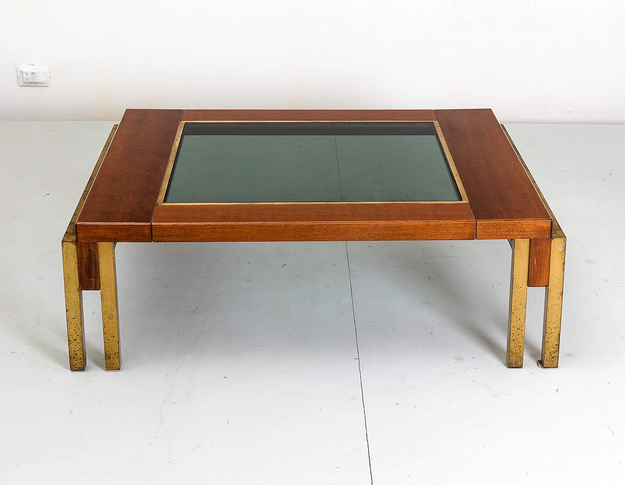 Low coffee table made of wood, brass and smoked glass, 1970s 4
