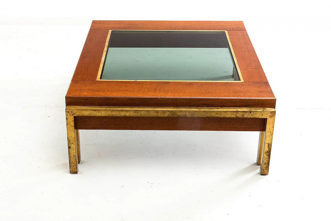 Low coffee table made of wood, brass and smoked glass, 1970s 5