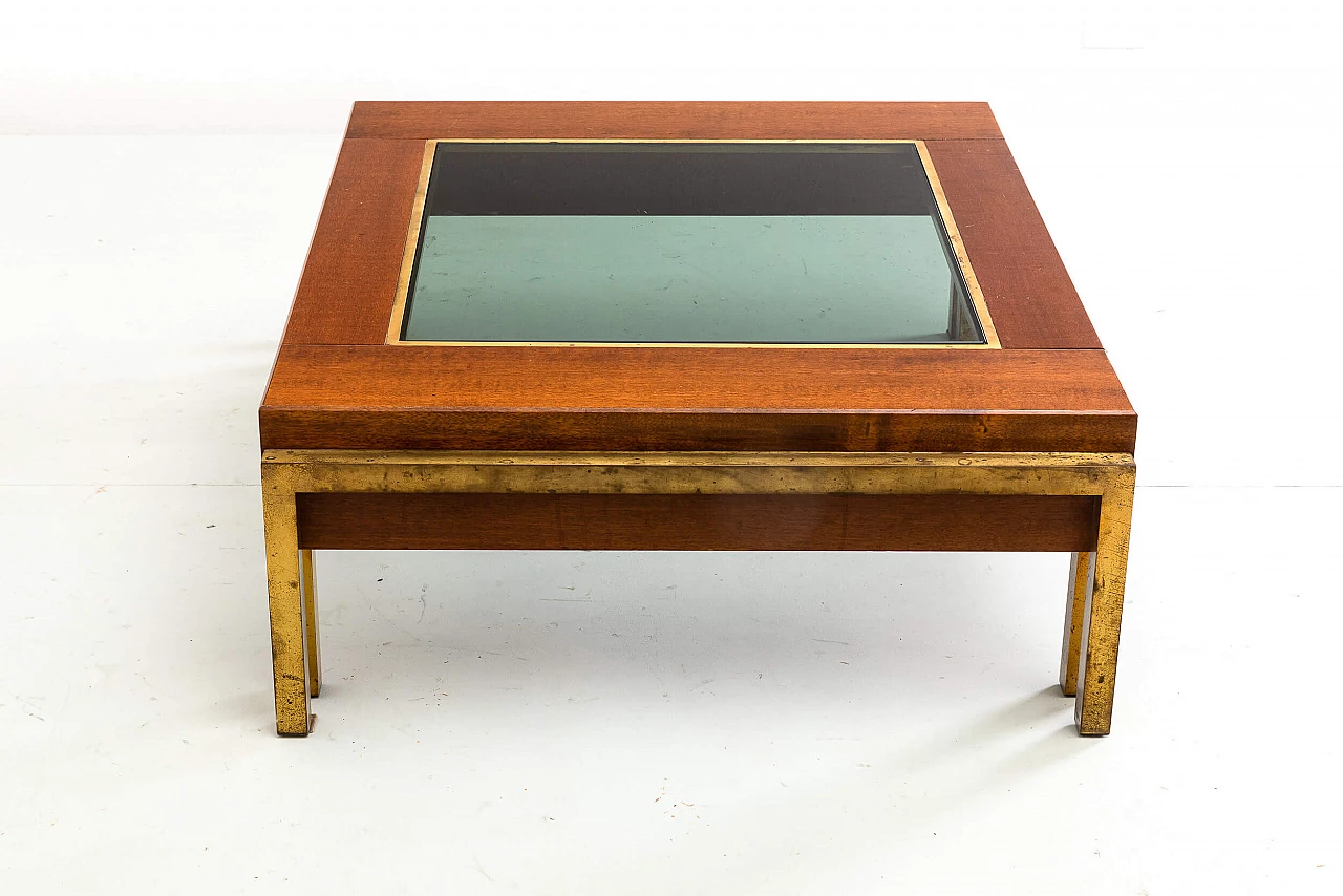 Low coffee table made of wood, brass and smoked glass, 1970s 6