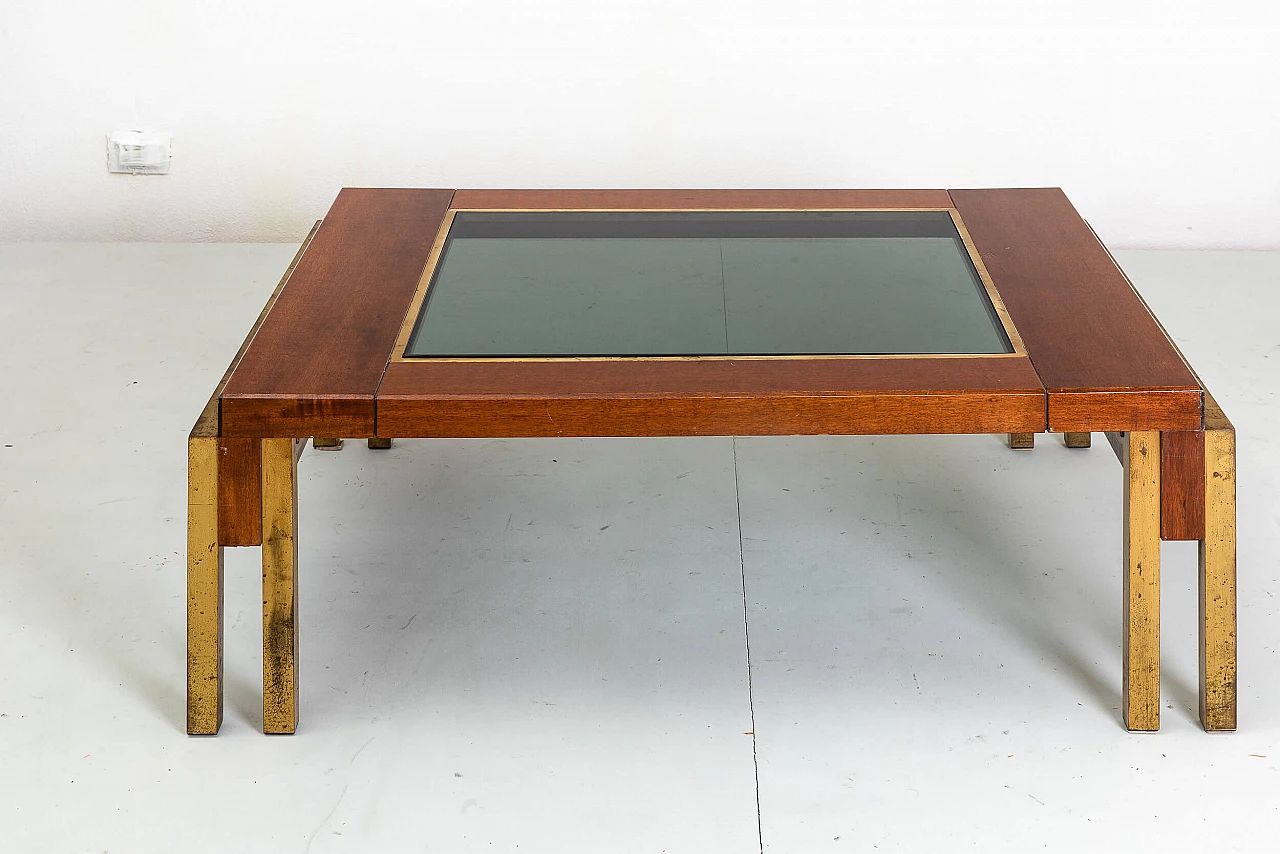 Low coffee table made of wood, brass and smoked glass, 1970s 8