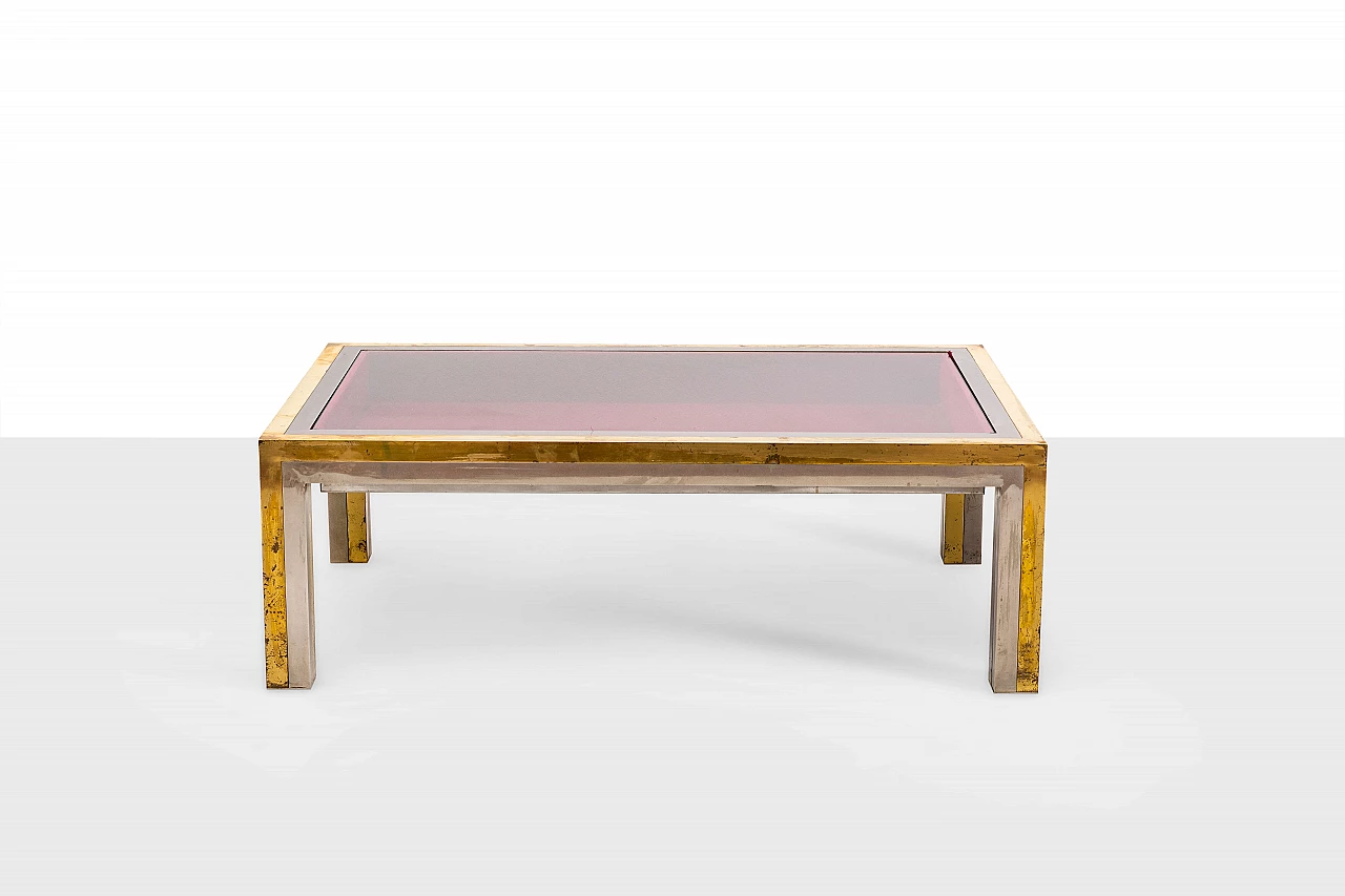 Low coffee table in metal, brass and beveled glass by Romeo Rega, 1970s 1