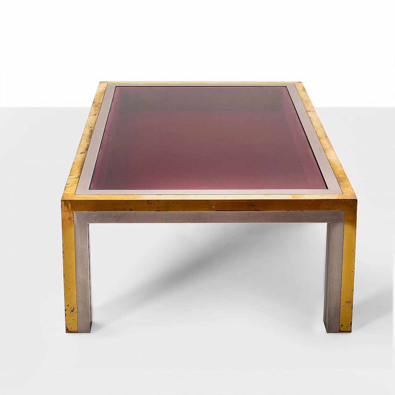Tavolino basso in metallo, ottone e vetro molato di Romeo Rega, anni '70 2