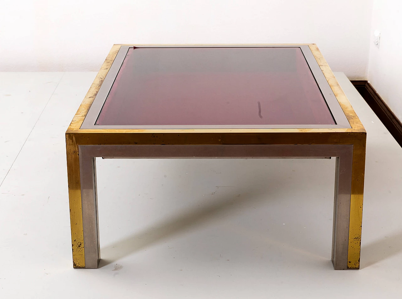 Tavolino basso in metallo, ottone e vetro molato di Romeo Rega, anni '70 5