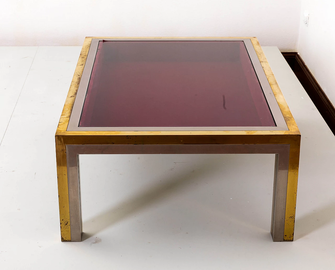 Tavolino basso in metallo, ottone e vetro molato di Romeo Rega, anni '70 8