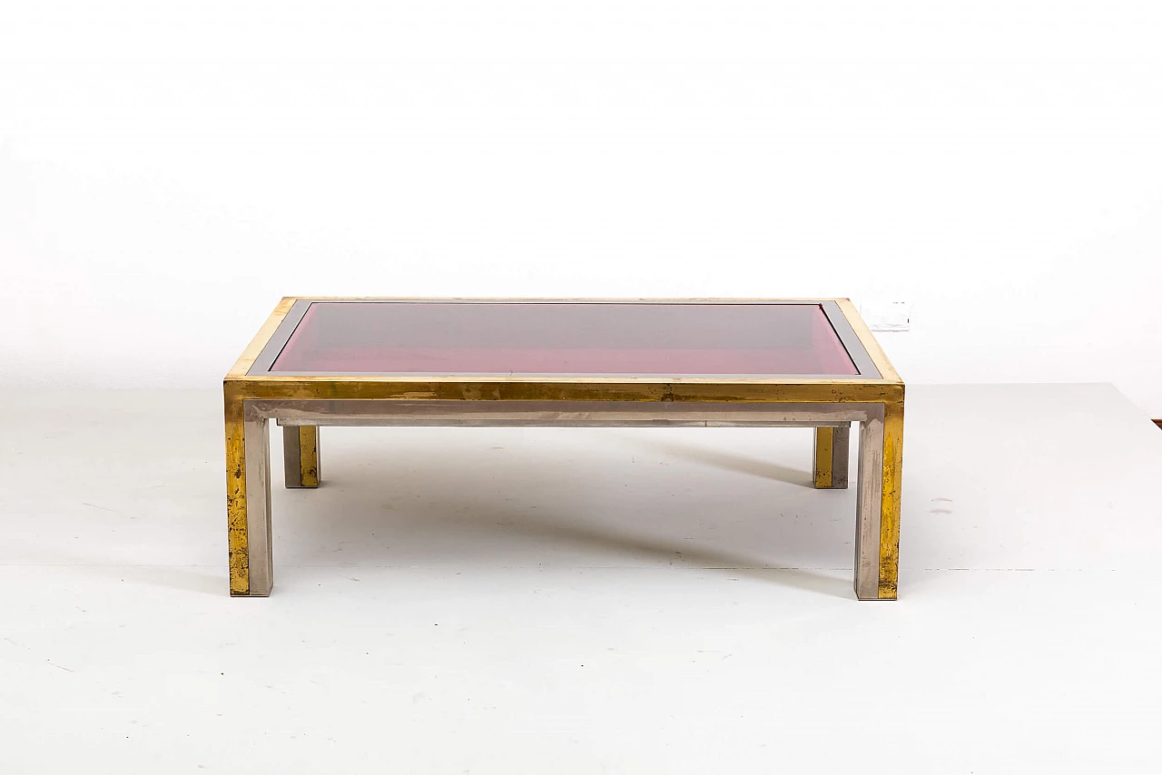 Tavolino basso in metallo, ottone e vetro molato di Romeo Rega, anni '70 11