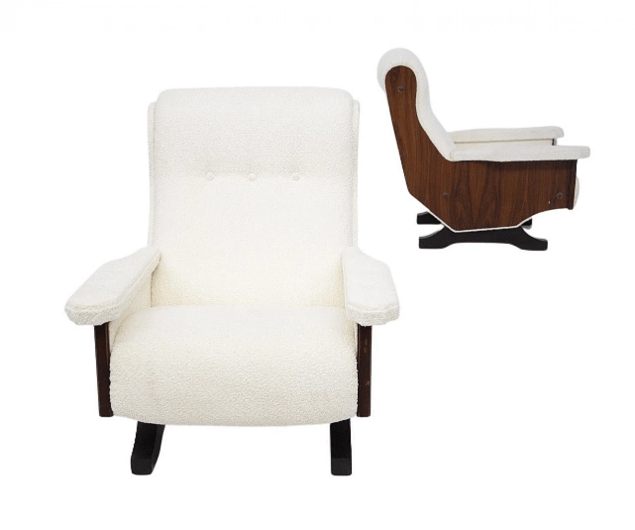 Pair of armchairs in walnut and boucle, 1960s 1