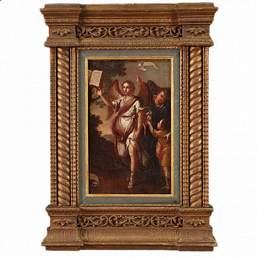 Oil on canvas Tobiolo and the angel with gilded wooden frame, 18th century