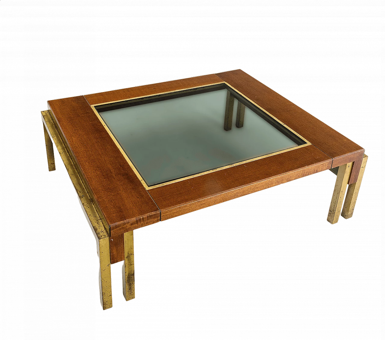 Low coffee table made of wood, brass and smoked glass, 1970s 9