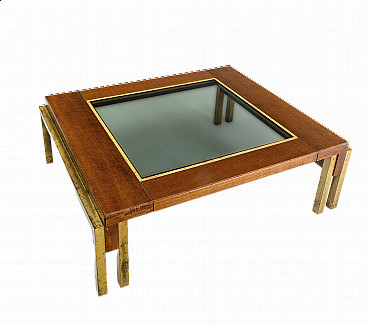 Low coffee table made of wood, brass and smoked glass, 1970s