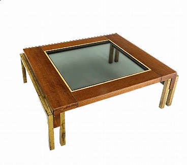 Tavolino basso in legno, ottone e vetro fumé, anni '70