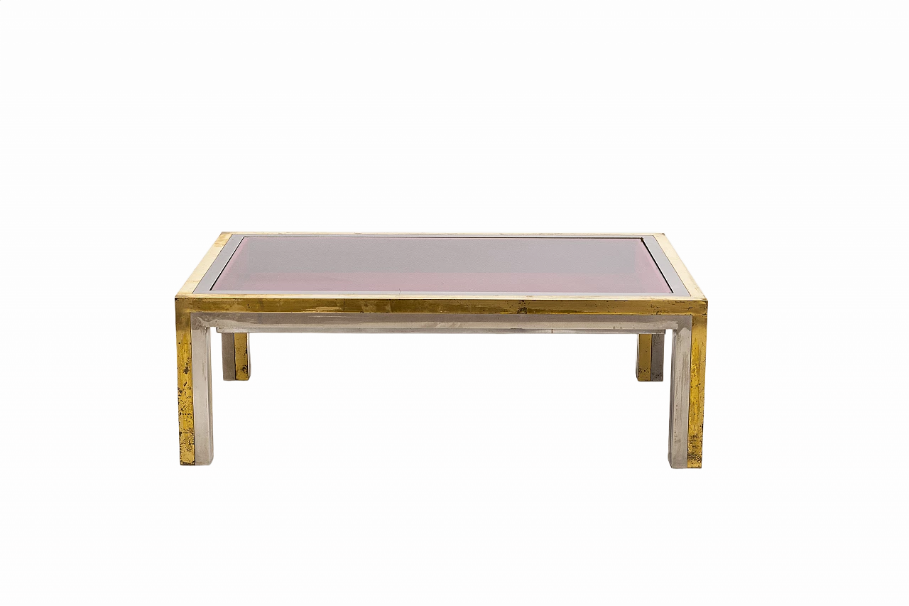 Tavolino basso in metallo, ottone e vetro molato di Romeo Rega, anni '70 13