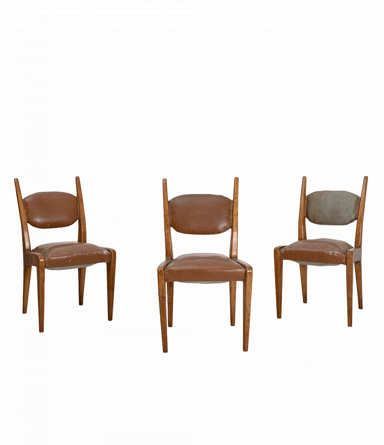 3 Wooden chairs with leather seat and back, 1950s 10