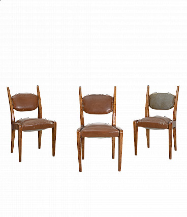 3 Wooden chairs with leather seat and back, 1950s