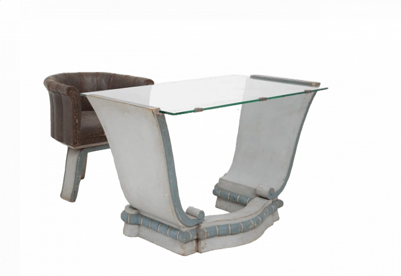 Scrivania in legno e vetro con poltrona, anni '30 11