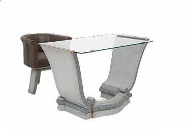 Scrivania in legno e vetro con poltrona, anni '30