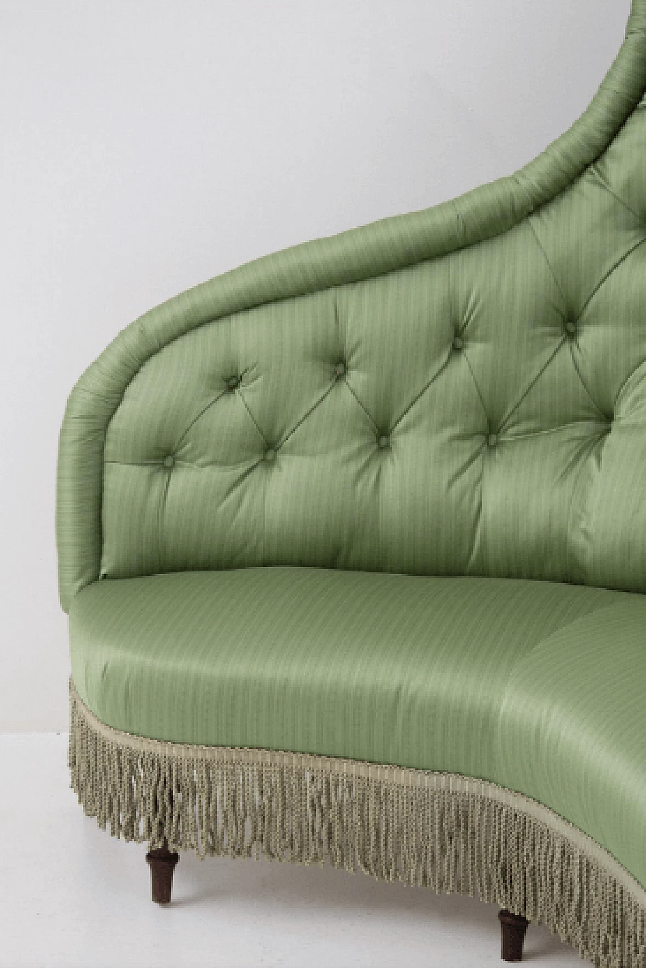 Corner sofa in wood and green silk satin, 1940s 4