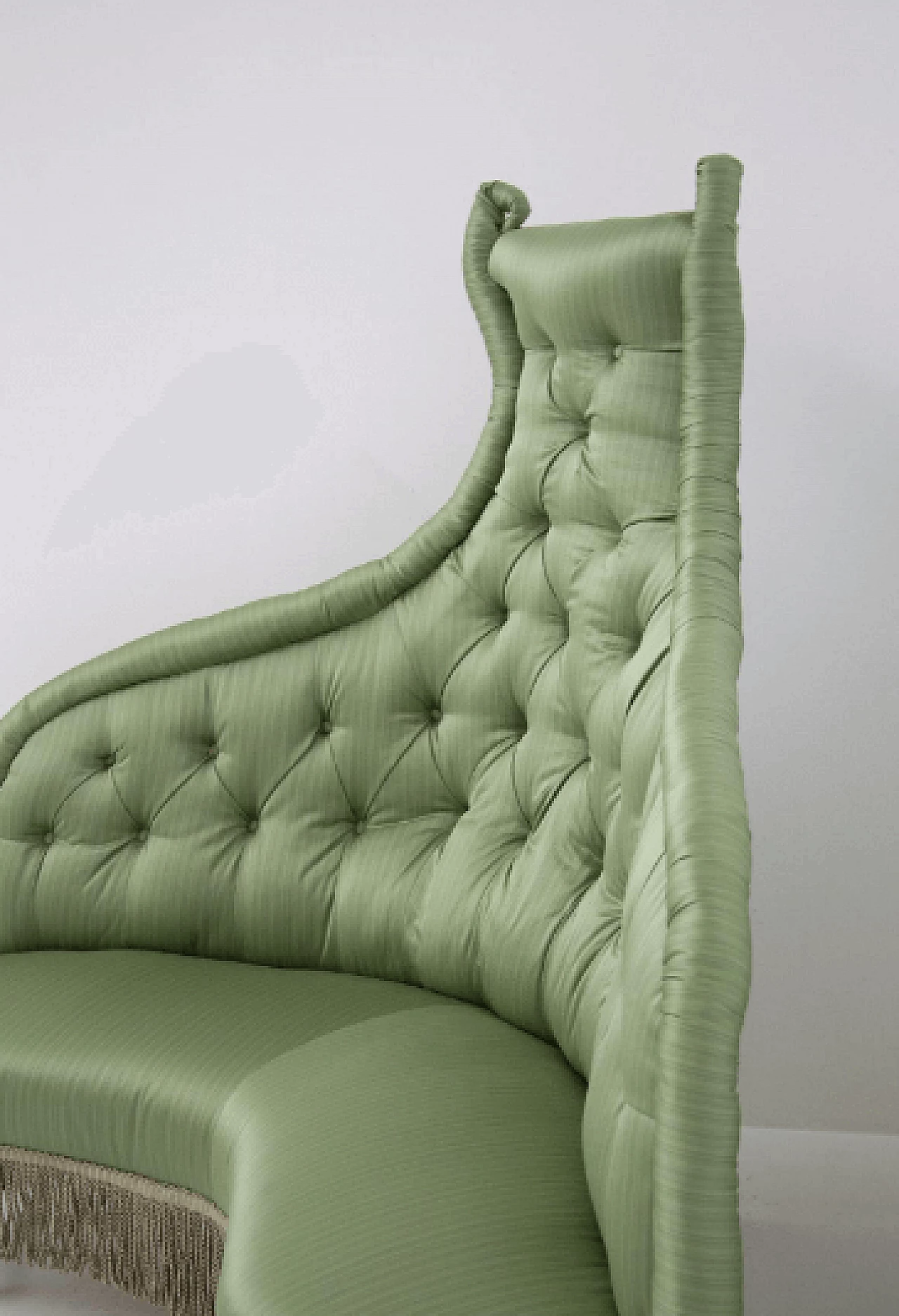 Corner sofa in wood and green silk satin, 1940s 6
