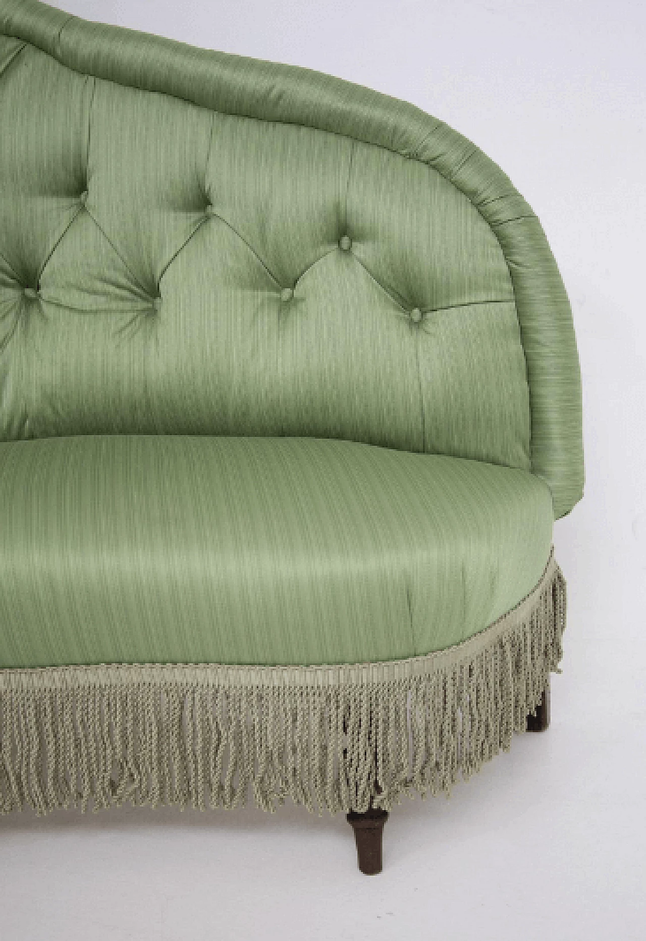 Corner sofa in wood and green silk satin, 1940s 7