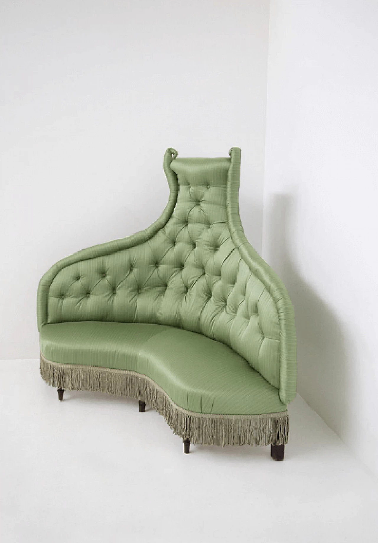 Corner sofa in wood and green silk satin, 1940s 8
