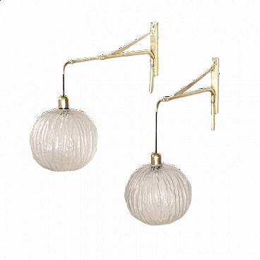 Pair of brass and glass wall lamps, 1950s