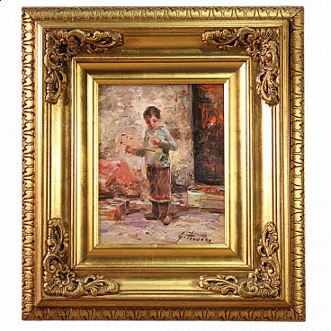 Oil on panel Child with scales in Impressionist style, 20th century