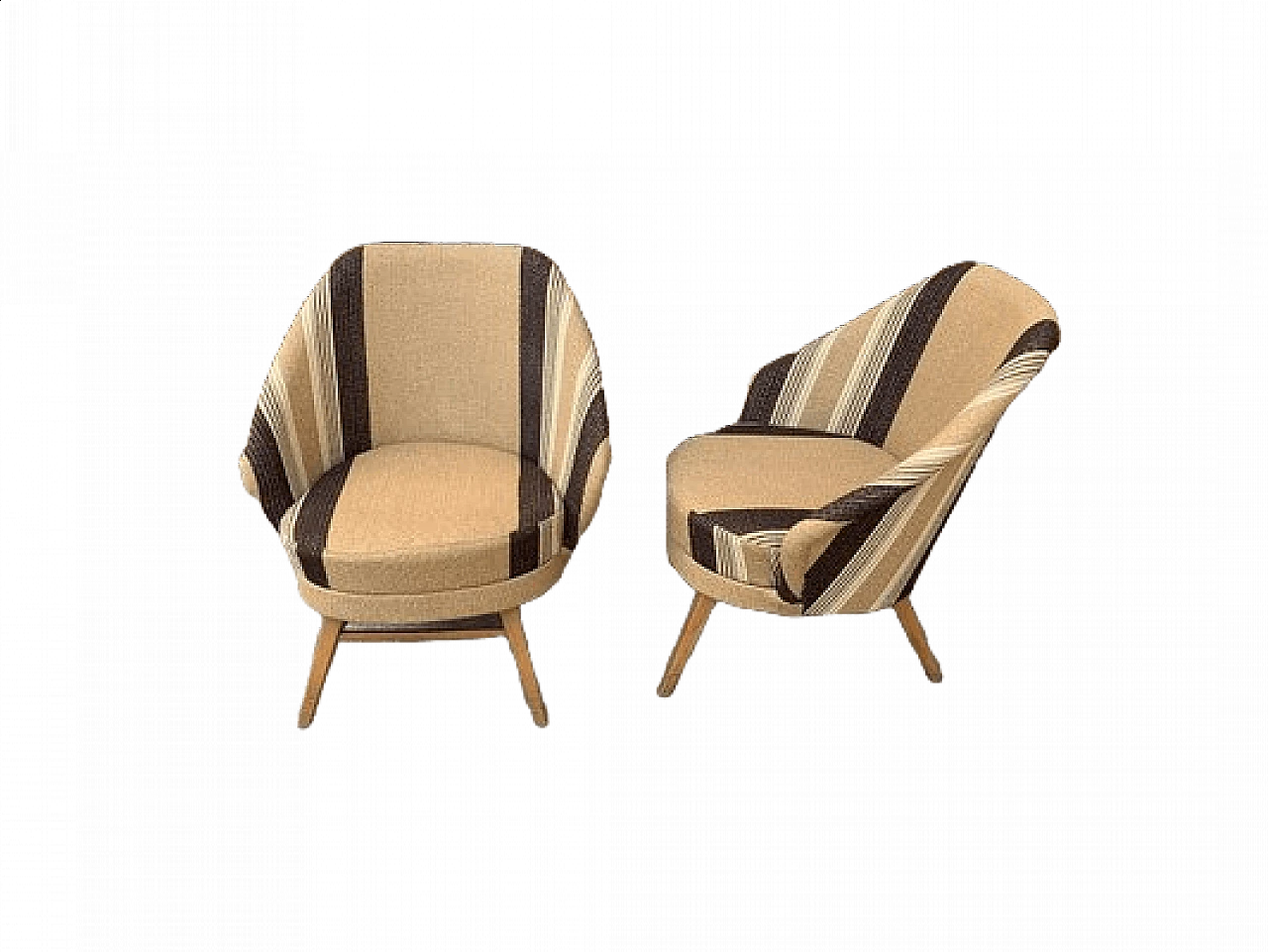 Pair of armchairs upholstered in brown striped fabric, 1950s 5
