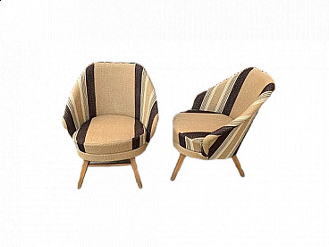 Pair of armchairs upholstered in brown striped fabric, 1950s