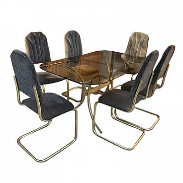 Dining table in glass with 6 chairs in brass, 1970s