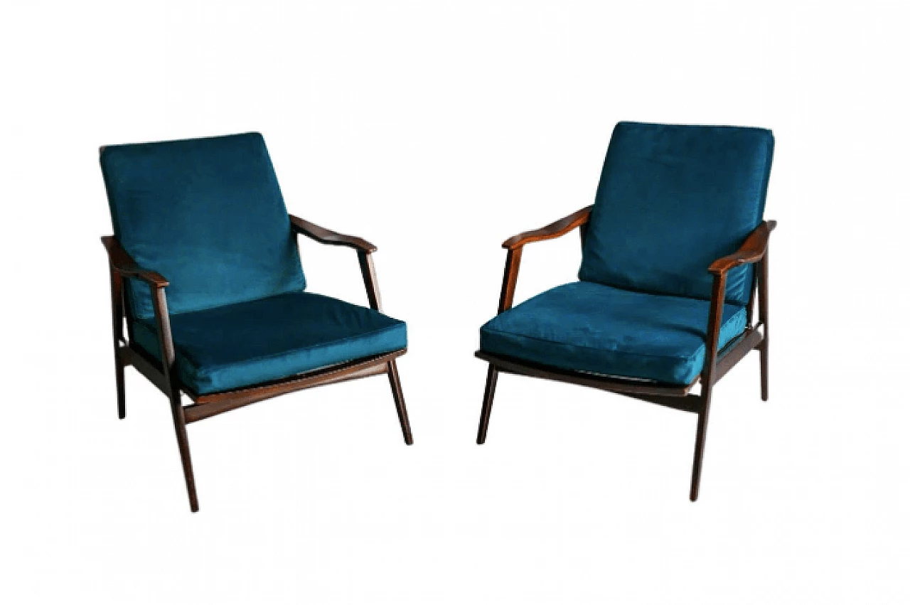Pair of teak and blue velvet recliners, 1960s 1