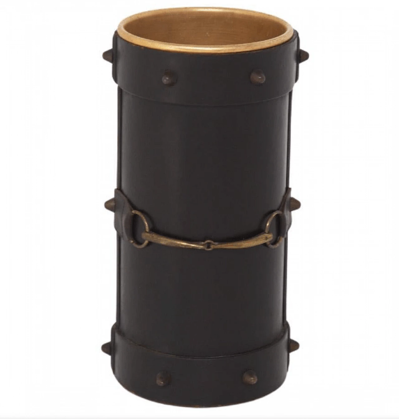 Umbrella stand in brass and black leather by Gucci, 1960s 1