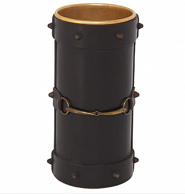 Umbrella stand in brass and black leather by Gucci, 1960s