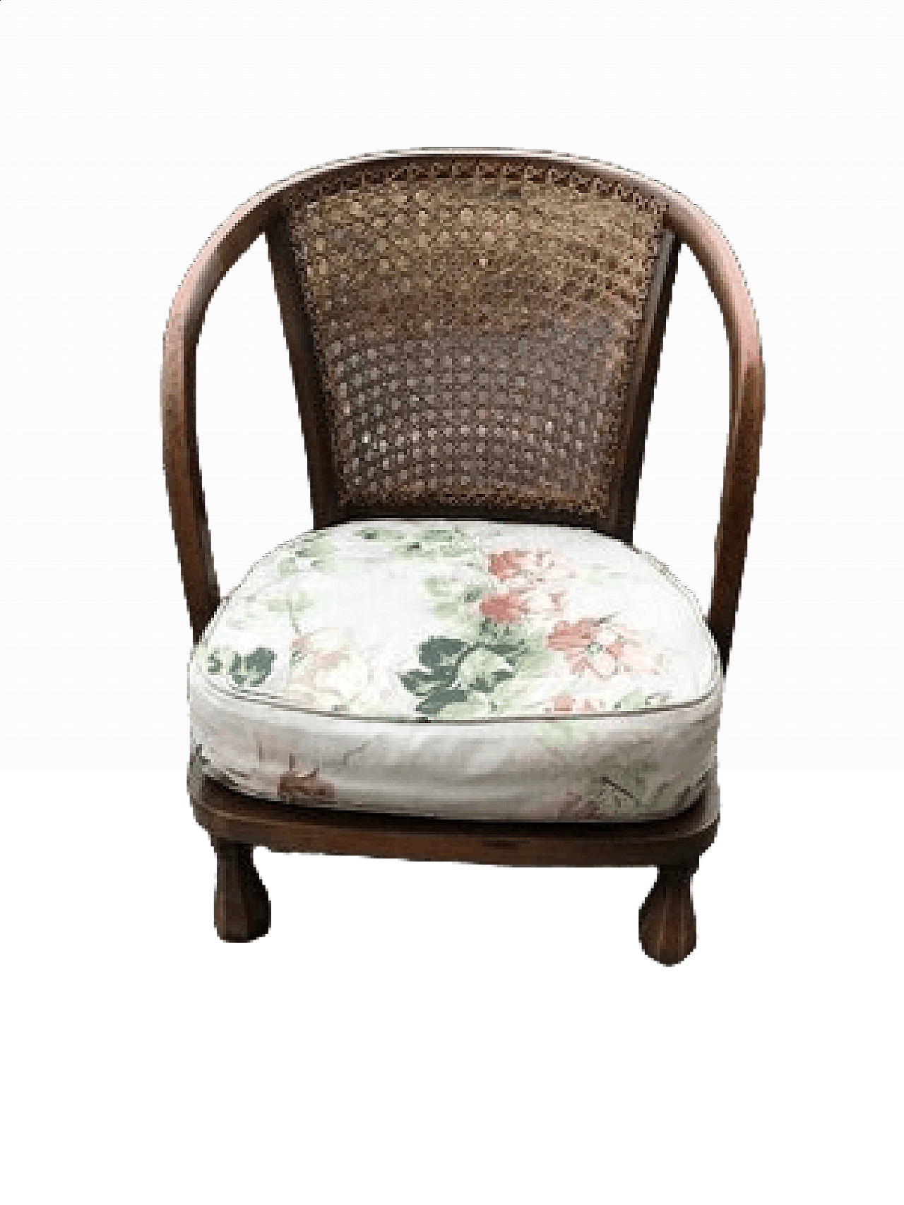Poltrona in legno con seduta rivestita in stoffa floreale, anni '50 8