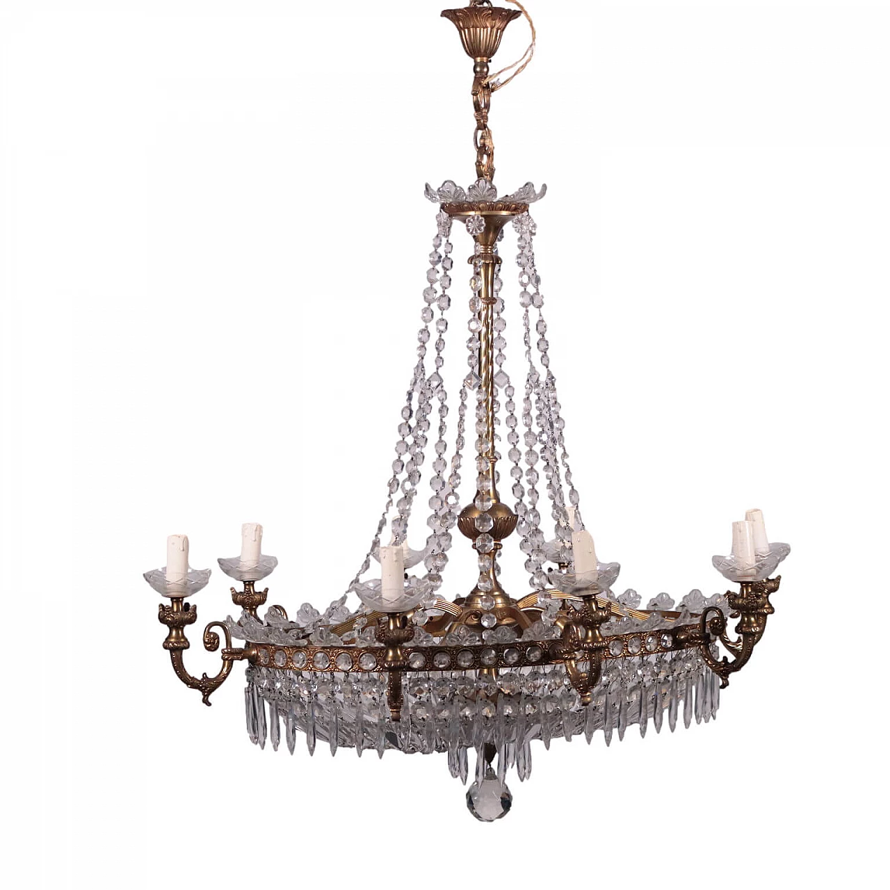 8-light gilt bronze chandelier with glass pendants, 20th century 1