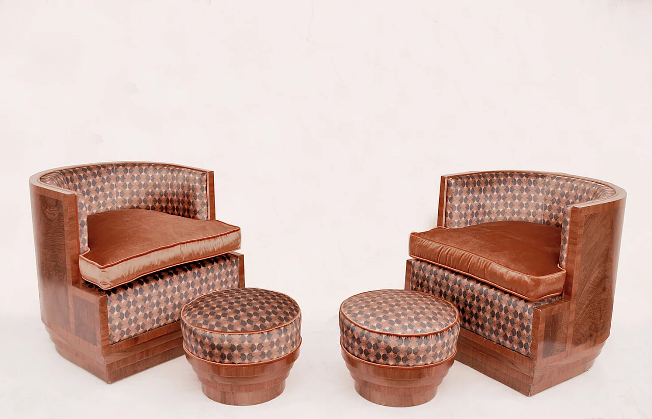 Pair of Art Deco armchairs complete with ottoman, 1940s 5