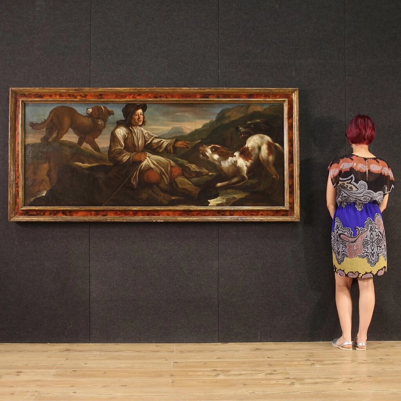 Olio su tela raffigurante un pastore con i suoi cani, '600 12