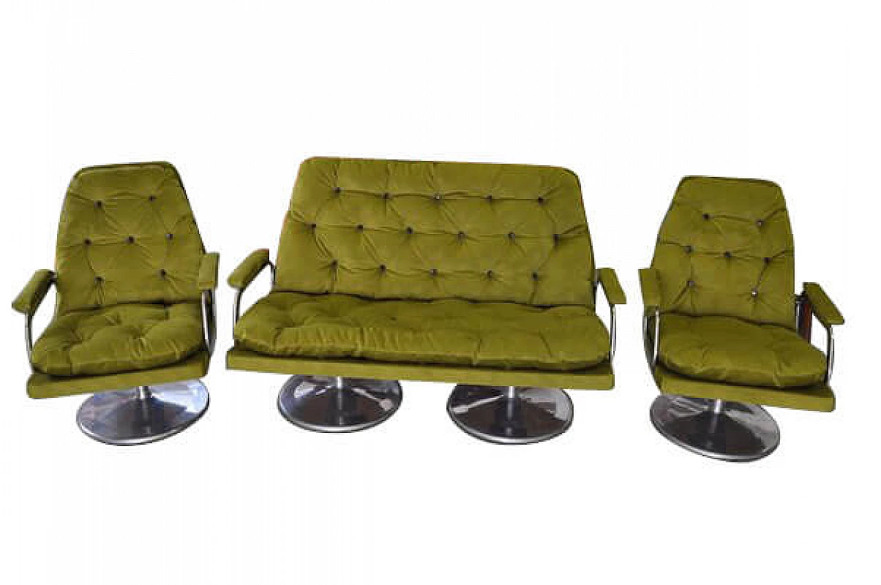 Coppia di poltrone e divano in stoffa verde, anni '60 14