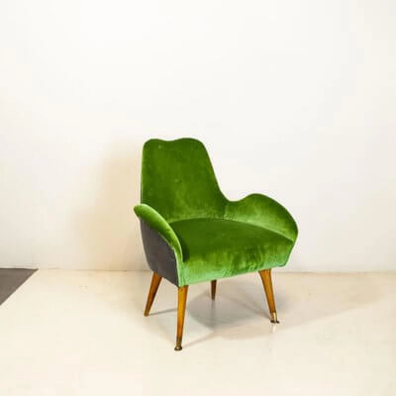 Velvet and walnut armchair, 1950s 1