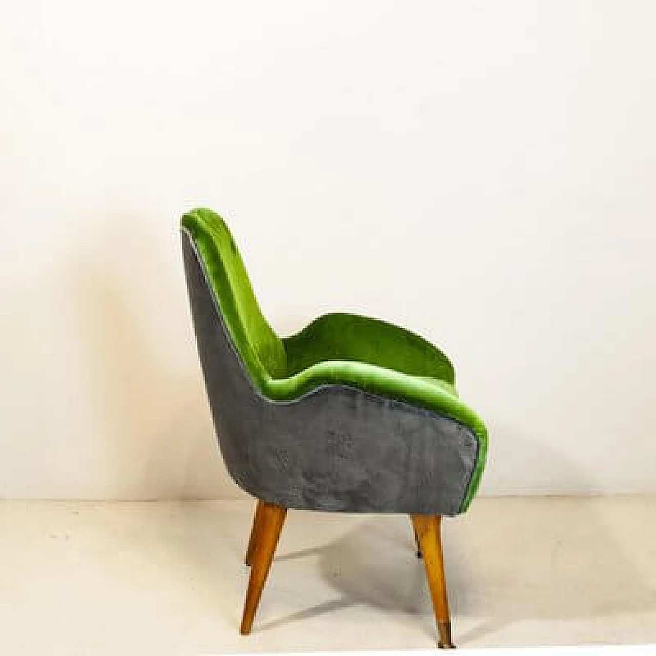 Velvet and walnut armchair, 1950s 3