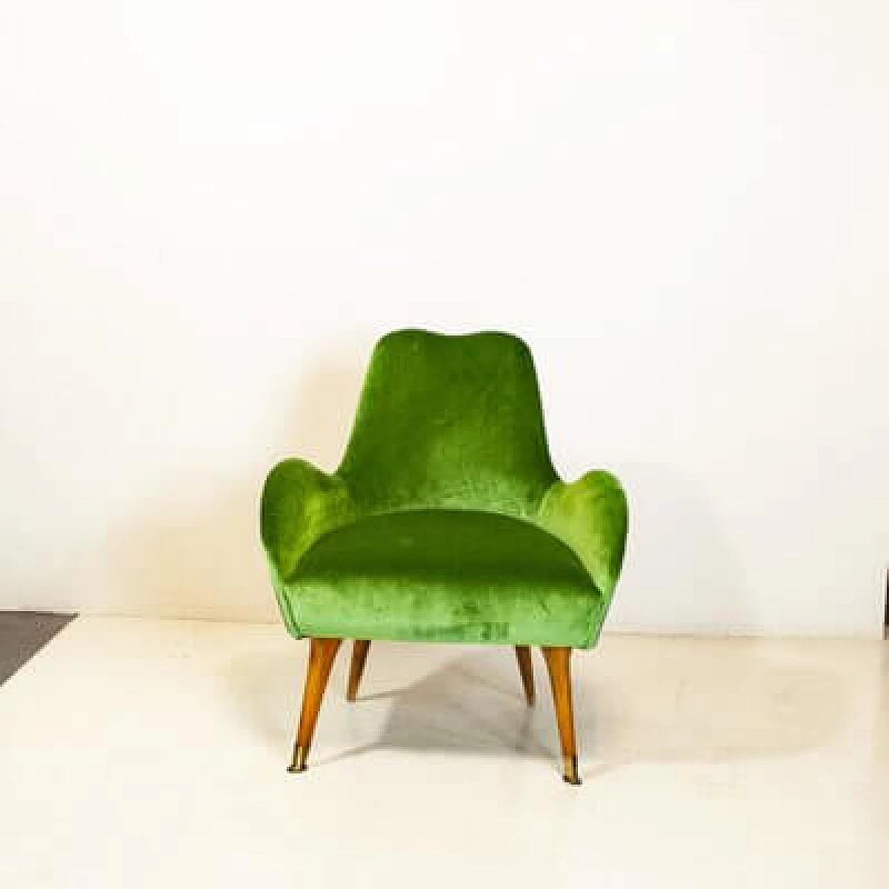 Velvet and walnut armchair, 1950s 4